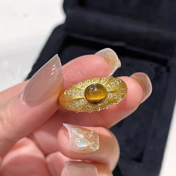 Men's Women's 14k Gold Plated Solid Sterling Silver Tiger's Eye ced CZ Ring - Picture 3 of 6